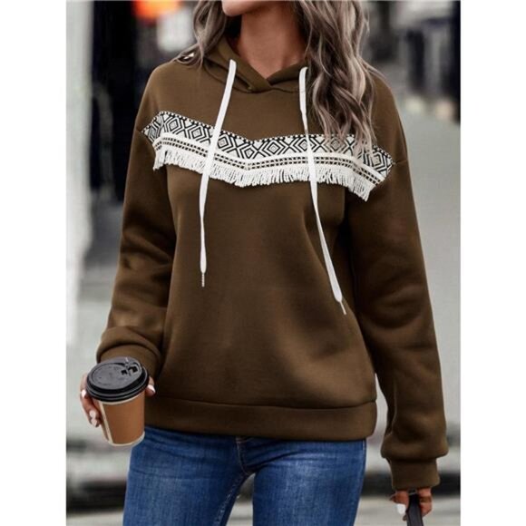 Fringe Detail Long Sleeve Drawstring Hoodie - Picture 4 of 16